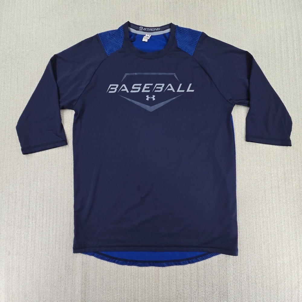 Under Armour Baseball Shirt Mens Small Blue Raglan 3/4 Sleeve 9 Strong Heat Gear